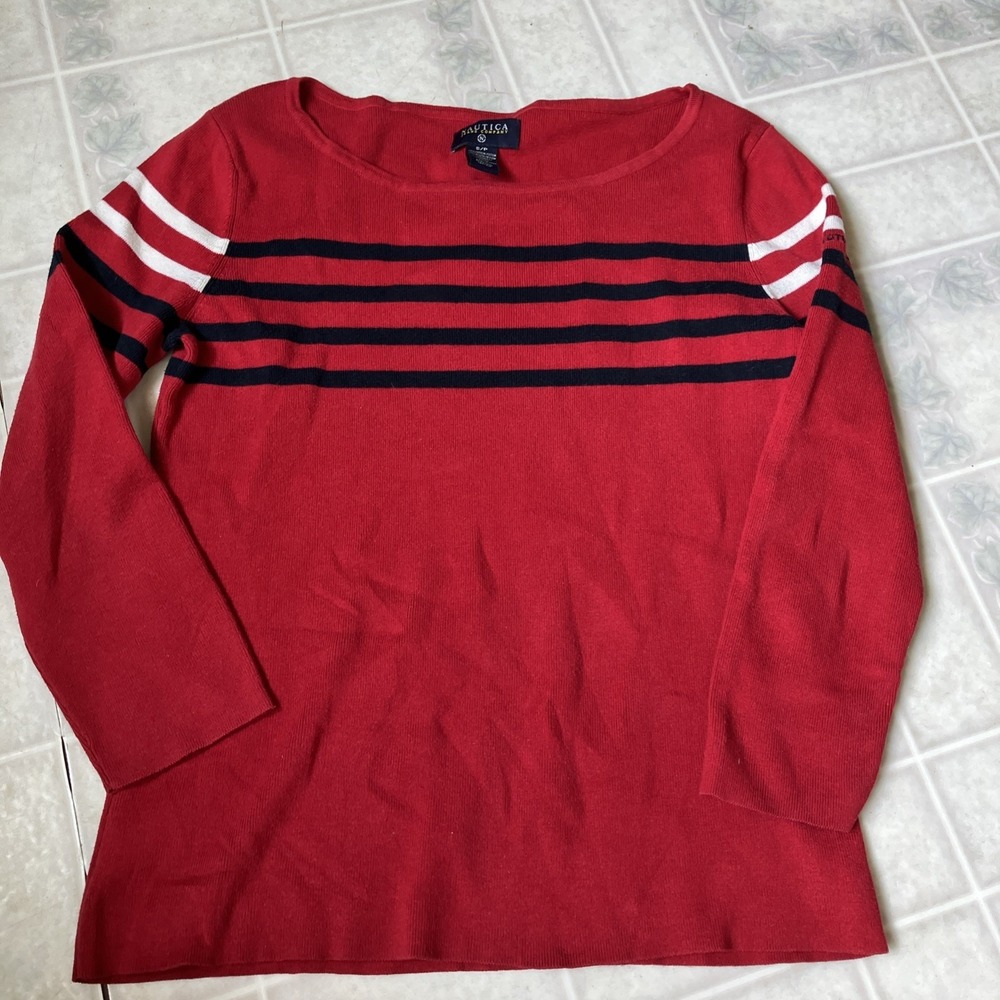 NAUTICA Boatneck Striped Sweater Red Navy 3/4 Sleeve Small Preppy Classic Modest